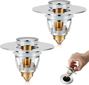2Pcs Bathroom Sink Stoppers Pop Up Drain Stopper for Bathroom Sink2-in-1 Sink Stopper & Strainer,Universal Wash Basin Sink Stopperfor 1.1"~1.5" Bathroom Sink DrainSilver