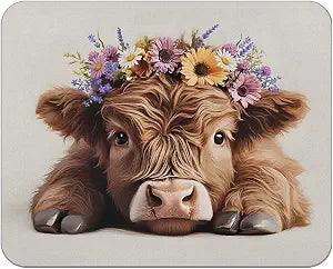 Floral Wreath Highland Cow Mouse Pad for Desk, Highland Cow Gifts, Cows Lovers Gifts Mousepads for Wireless Mouse Computers Laptop Home Office Supplies Accessories, 9.5x7.9 Inch