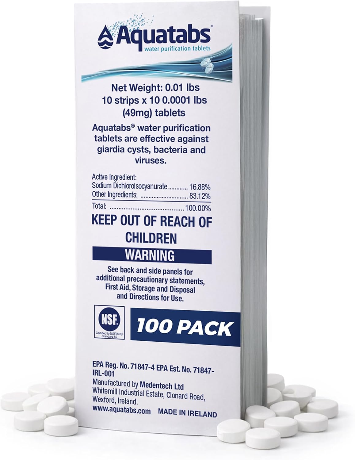 Aquatabs 49mg Water Purification Tablets (100 Pack). Water Filtration System for Hiking, Backpacking, Camping, Emergencies, Survival, and Home-Use. Easy to Use Water Treatment and Disinfection.