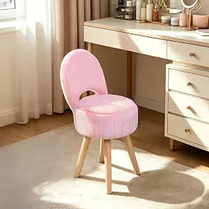 Vanity Stool with Storage & Folding Back,11.8 D x 12.9 W x 27.9" H Round Faux Fur Cute Vanity Chair with 4 Solid Wood Legs,Comfy Small Makeup Ottoman for Living Room,Bedroom,Closet,Pink