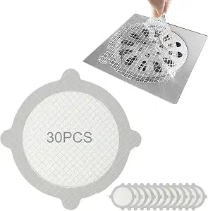 30 Pack Disposable Shower Drain Hair Catcher, Round 4-Ear Glass Fiber Stickers, 3.93In Mesh for Bathroom Tub Kitchen, Hair Trap Sticker to Prevent Clogs