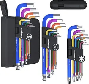 27 PCS Allen Key Set Torx SAE Metric Allen Wrenches Set Long Arm Ball End Hex Key Wrench Sets with T-Handle L-Hex Key Set Metric 1.5 to 10mm SAE 1/16 to 3/8 Torx T10 to T50