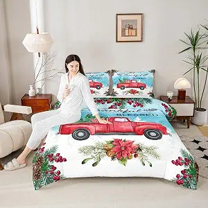 Merry Christmas Kids Comforter Set King Size,Red Truck Pine Trees Snowflake Bedding Set,Girls Boys Adults Xmas Decor,Happy New Year Down Comforter,Colorful Romantic Duvet Insert,2 Pillowcases