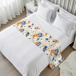 Navy Blue Pumpkins Fall Bed Runner Scarf King Size, Thanksgiving Botanical Bed Throw Runners & Scarves for Twin Full Queen King Foot of Beds, Pastoral Leaves Bedroom Hotel Decoration, 94"x20"