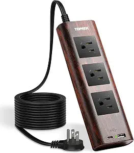 Power Strip Surge Protector (1800J)  10FT Extension Cord with Ultra Thin Flat Plug, 3 Widely-Spaced Outlets, 1 USB-C & 1 USB-A Port, Wood Finish Power Strip with USB for Home, Office or Dorm