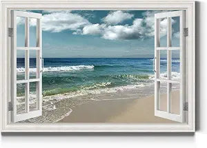 Renditions Gallery Canvas Nature Wall Art Home Paintings & Prints Artwork Cloudy Ocean Beach Sky Glam Romantic Window View Modern Decorations for Dining Room Office Kitchen - 12"x18" LT21