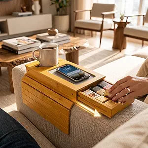Sofa Arm Tray with Drawer, Bamboo Couch Armrest Table, Natural