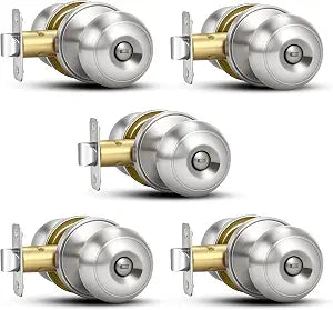 Plustool 5 Pack Brushed Nickel Door Knobs,Privacy Door Knob with Lock, Interior Doorknobs Silver, Keyless Door Locks Set for Bedrooms Bathrooms, Reversible for Left/Right Door Handle