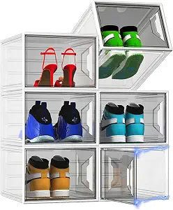 6 Pack Shoe Storage Box Organizer, Clear Thicken Stackable Plastic Shoe Boxes with Magnetic Door, Sturdy Shoe Containers for Sneakers Boots, Easy to Assemble, Fit up to US Size 12(13.2"10.6"7.5")