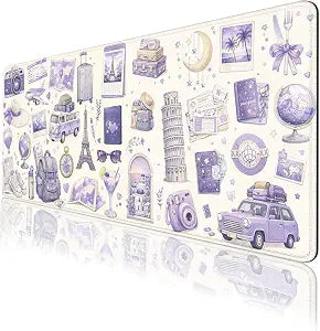 Travel Collage Gaming Mouse Pad Pastel Purple Paris Large Desk Mat Waterproof Stitched Edges Rubber Base Non-Slip Deskmap Computer Keyboard Mat Office Computer Keyboard Laptop 31.5"x11.8"