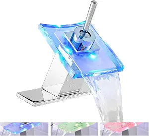 LED Light Waterfall Glass Spout Bathroom Faucet Chrome 1 Handle One Hole