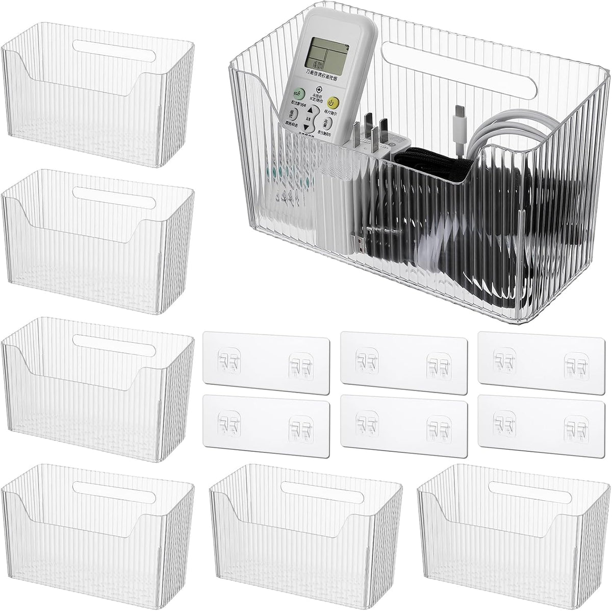 6 Pack Clear PVC Storage Organizer Bins, Wall Mounted Adhesive Baskets for Cabinet Door, Kitchen, Bathroom & Pantry Organization