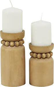 Deco 79 Wood Decorative Candle Holder Beaded Pillar Candle Stand, Set of 2 Candlestick Holder 8", 6"H, Brown