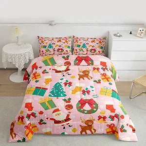 jejeloiu Merry Xmas Comforter Set Full Size Cartoon Santa Claus Bedding Set for Kids Boys Girls Christmas Deer Pattern Duvet Quilt Pink Bedroom Decor 3 Pcs with 2 Pillow Cases