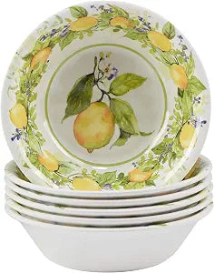 Lemon Zest Melamine All Purpose Bowls Set of 6  7.5" Citrus-Inspired Unbreakable Lightweight Dinnerware for Salad, Cereal, Snacks, Pasta, Summer Outdoor Dining & Everyday Use