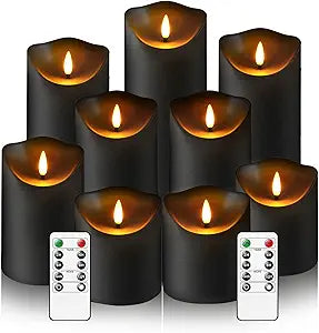 Eebuss Flameless Candles with Remote Timer, Battery Operated Realistic Flickering LED Candles, 9 Packs Fake Candles for Home Decor (D3 x H 3" 4" 5" 6" 7") (Black)