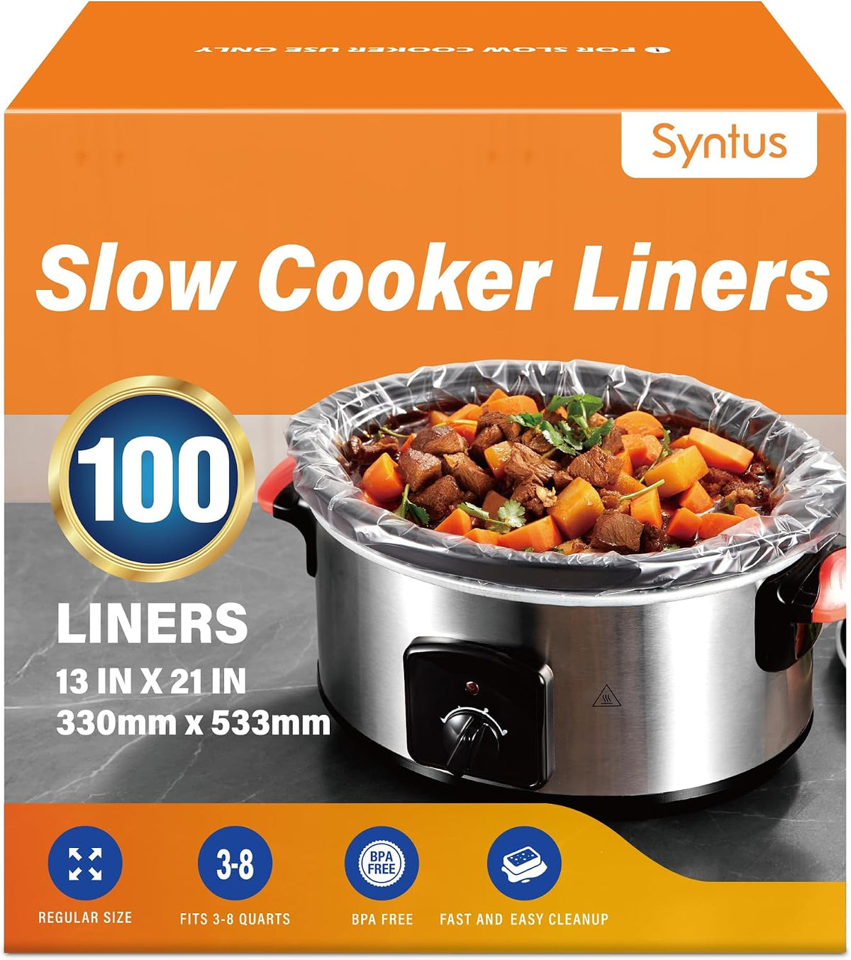 Syntus 100 Pcs Slow Cooker Liner, Large Size 13"x21" Fit 3-8 Quart Pots
