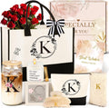 Birthday Gifts for Women, 10pcs Monogrammed Gifts for Women Initial Canvas Tote Bag, Makeup Bag, Glass Cup, Hair Clip, Candle Basket Birthday Personalized Gift for Her Woman Mom Wife Friend Teacher, K