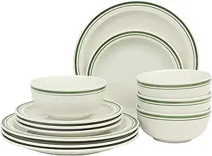Gibson Home Hometown Diner 12-Piece Porcelain Dinnerware Set, Round Plates and Bowls Set for 4, White with Green Rim, Dishwasher Safe  Dinner Plate, Salad Plate & Cereal Bowl