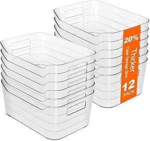 Hudgan 12 Pack Pantry Storage Bins for Kitchen Cabinet, Clear Plastic Organizer Bins for Bathroom, Pantry Organizer Containers for Home Edit, Drawer, Under Sink, Fridge