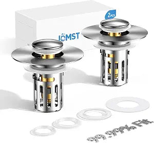 JOMST Bathroom Sink Stopper, All Metal DrainHair Stopper with Removable Stainless Steel Filter Basket, Universal 2-in-1 Anti-Odor Stopper (2Pc)