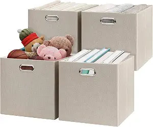 Posprica Storage Cube Basket Bins,1313 Foldable Storage Boxes for Closet Organizer Shelf Cabinet Bookcase,Thick Fabric Drawer,Set of 4, Beige