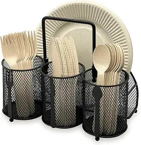 DysanVica Utensil Caddy Silverware Holder - 4 Compartment Metal Mesh Cutlery Fork Spoon Napkin Plate Organizer Flatware Storage Basket Party Kitchen Countertop Buffet Picnic Camping Outdoor BBQ Black