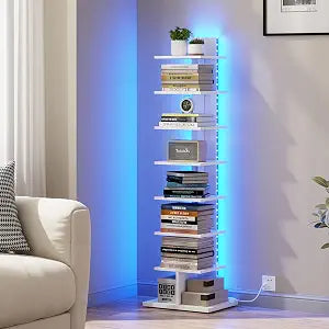 TUTOTAK Book Shelf, Narrow Spine Bookshelf, 8-Tier Bookcase with LED Lights