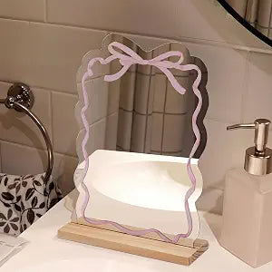 Pink Bow Mirror Coquette Small Bow Makeup Mirror with Stand