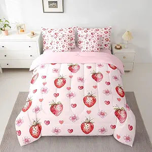 jejeloiu Strawberry Comforter Set with Sheets 7Pcs Full Size Kids Girls