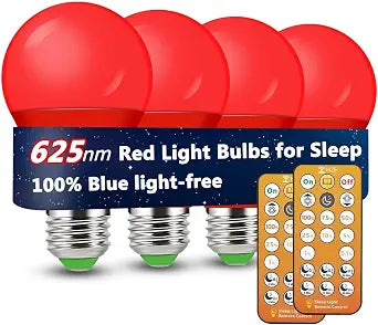 625nm Red Light Bulb for Sleep with Remote Control, 9W E26 A19 LED Blue Light Blocking Light Bulbs for Sleep Aid, Baby Nursery, Bedroom (4 Packs)