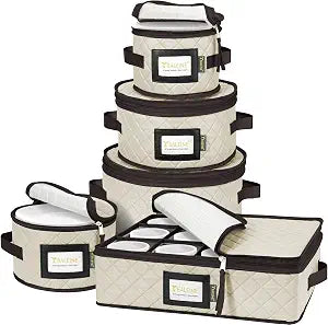 BALEINE China Storage Containers, Sturdy Quilted Wine Glass Storage, Plate Organizer with Carry Handles, Moving Boxes for Dishes, Cups, Mugs and Stemware (Plate Mug Combo, Soft Shell Cream)