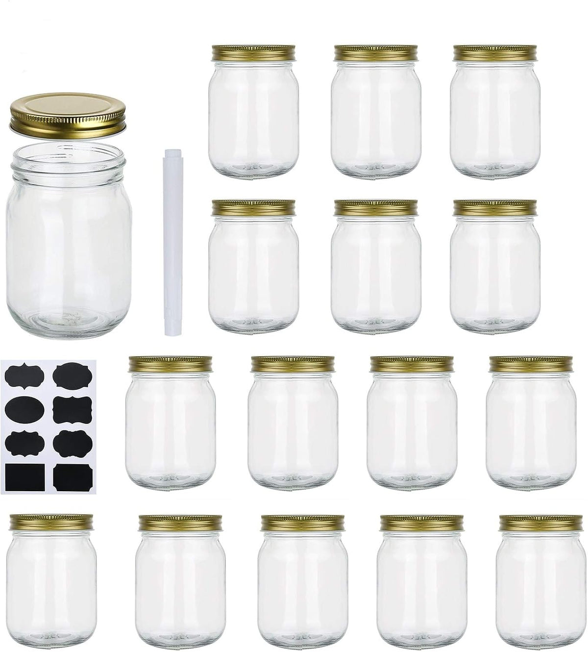 16 oz Glass Jars With Lids, Regular Mouth Mason Jars 16 oz with Lids For Storage, Clear Pint Canning Jars For Pickles, Herb, Jelly, Jams, Honey, Dishware Safe, Set Of 15