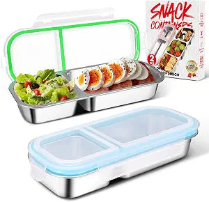 2 Pack Stainless Steel Snack Containers with Lids - Reusable 2 Compartment Snackle Box Container Divide Wet Dry Leakproof Metal Food Storage Containers for School, Home, Travel (Blue + Green)