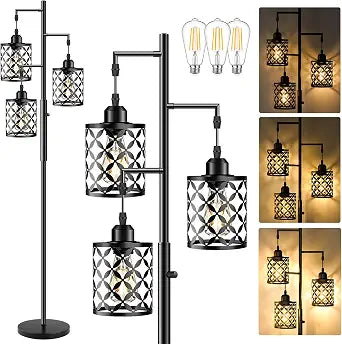68" Industrial Tree Floor Lamp, Dimmable Farmhouse Tall Standing Lamp with Quatrefoil Cutout Shades & Rotary Dimmer Knob, Corner Light for Living Room Bedroom, 3 x800LM Bulbs Included-Black