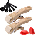 Removable Pot Handle, 2Pcs Universal Pan Handle, Replacement for Pots and Pans, Fits All Cookware + 2 Heat-Resistant Silicone Oven Mitts & 5 Measuring Spoons, Durable & Heat-Resistant, Wood-Like