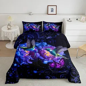 Hummingbird Comforter Set Queen Size,Purple Flower Bedding Set for Kids Girls Boys Adult Room Decor,Nature Animals Plants Quilt Set Boho Vintage Floral Print Dark Duvet Insert,2 Pillowcases