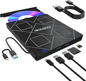 5-in-1 Extemal CD/DVD Drive for Laptop,USB 3.0 & Type-C Portable CD/DvD Rw Burner with SD/TF Card Reader &DVD-ROM Rewritable PlayerCompatible with Laptop Pc Desktop, Windows11/10/8/7 Linux Mac os