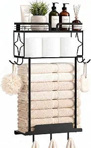 Towel Racks for Bathroom 23.8 Inch Wall Mounted Towel Rack with Shelf, Small Bathroom Towel Storage Holds 36 Large Rolled Towels, Metal Wall Towel Rack, Black