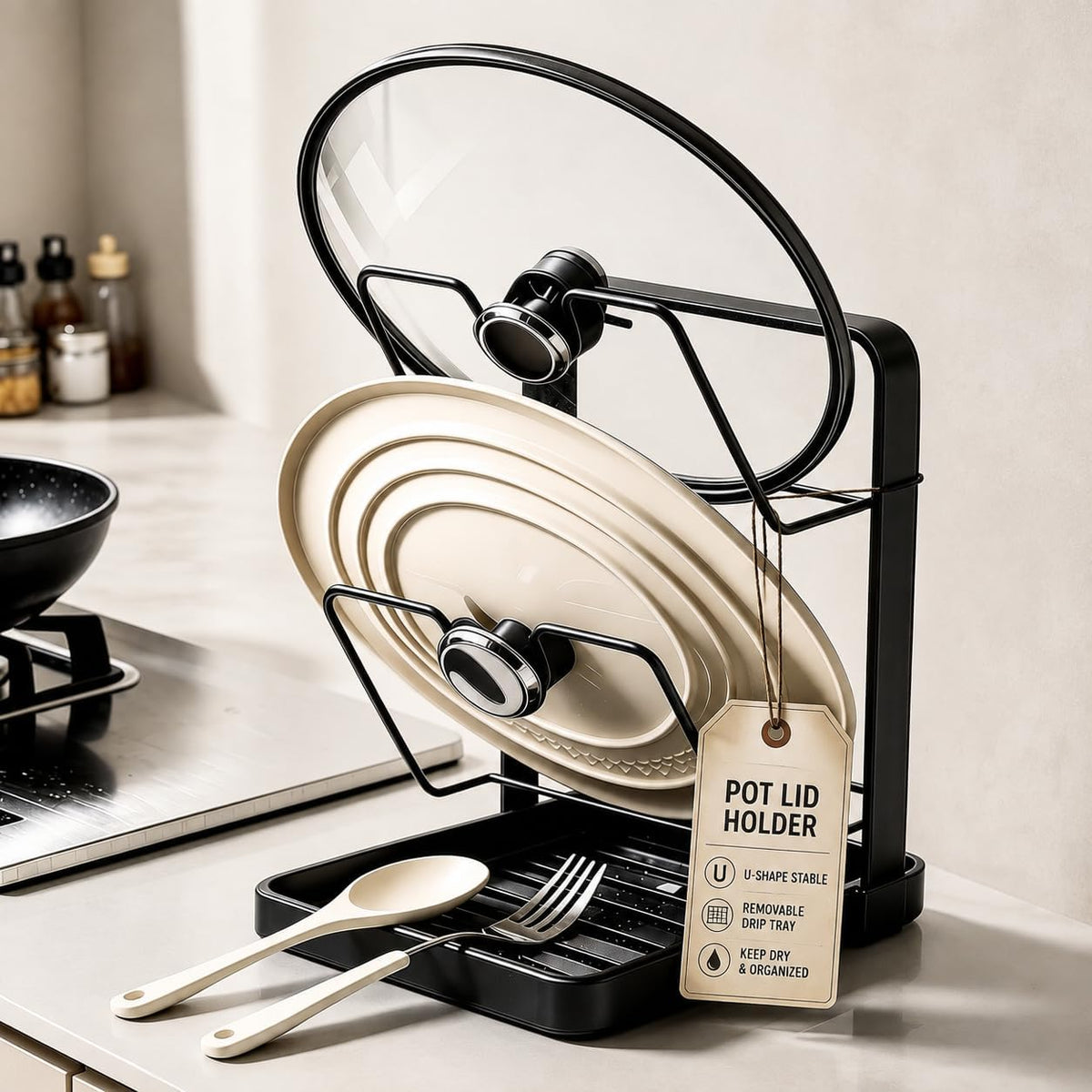Pot Lid Holder, Carbon Steel Rack with Removable Kitchen Drip Tray