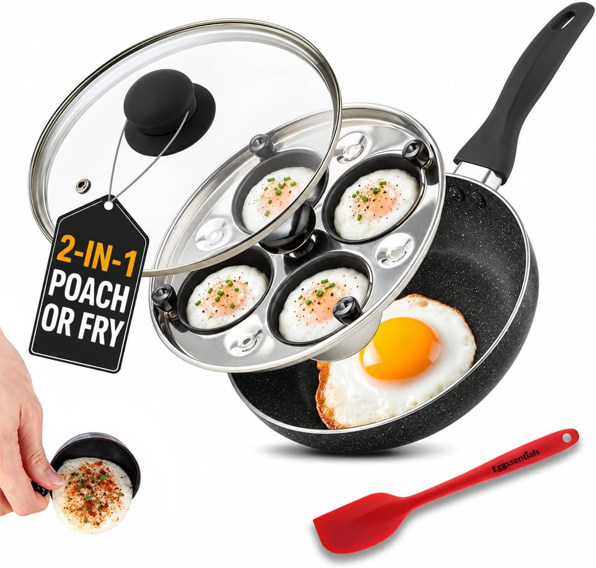 Eggssentials 2 IN 1 Egg Poacher & 8 inch Fry Pan, Granite Nonstick Fry Pan Poached Egg Maker and Frying Skillet with Lid, Poached Eggs Cooker Food Grade Safe PFOA Free with Spatula, Egg Cookware - 4 Cups