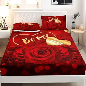 AILONEN Red Rose Floral Bed Sheets Set for Bedroom Decor, Queen Size,Romantic Love Heart Bedding Sets for All Season,Rustic Retro Red Gold Fitted Sheet Set with 2 Pillowcase,Soft Breathable