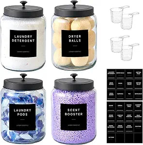 Glass Jars Laundry Containers with Lid, 0.5 Gallon Laundry Organization and Storage Jars, Laundry Detergent Container Laundry Powder Pods Holder, Glass Jar Wide Mouth with Scoops, Labels, 4 Pack