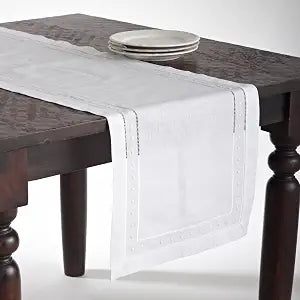 SARO LIFESTYLE Table Linen White Embroidered and Hemstitch Runner-16 x54 Oblong, 16" x 54"