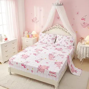 QOOMO Axolotl Kids Sheets Twin Size,Pink Cherry 16" Deep Pocket Bed Sheet Set,Cute Salamander Printed Bedroom Decor Bedding Set Soft and Breathable for Boys/Girls/Kids/Teens