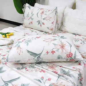 Helthep Floral Sheet Set Twin, 100% Cotton White Floral Printed Sheets Botanical Lily Pattern Sheets Red Chic Flower Green Leaves Luxury Percale Sheet with 17.5" Deep Pocket, Vintage French Bedding