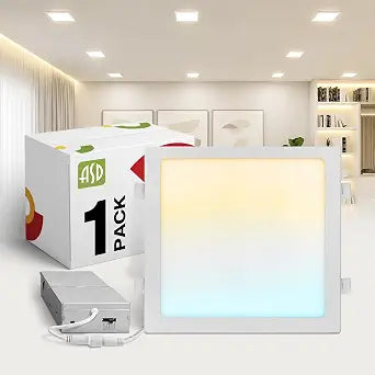 ASD 1 Pack LED Square Recessed Lighting 12 Inch, 5CCT 2700K-5000K CRI90+, Dimmable Ultra-Thin Canless Wafer Lights, IC Rated Ceiling Light Fixtures with Junction Box, ETL Energy Star, White
