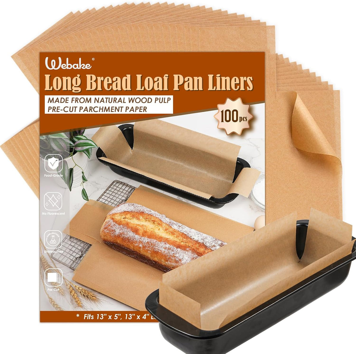 Webake Unbleached Parchment Paper Large Loaf Pan Liners for 13" x 5" Long Baking Bread, Original Precut, Non Toxic 100 Pcs