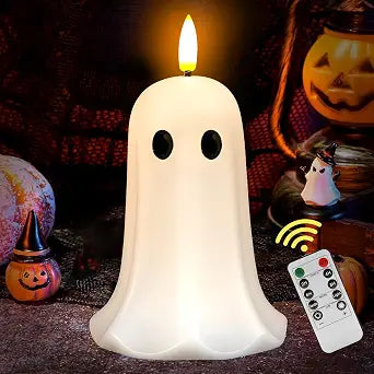 Halloween Ghost Flameless Candle with Timer  LED Candle with Flickering Flame, Real Wax, Remote Control, Spooky Halloween Decorations Indoors, Cute Tabletop Decor for Mantel Home, Battery Operated