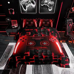 Erosebridal Twin Gaming Bedding Sets for Boys Red Game Console Kids 3D Black Gamer Comforter Set with 1 Pillowcase for Boys Girls Teen Lightweight Geometric Gamepad Bedroom Set(Red, Twin)